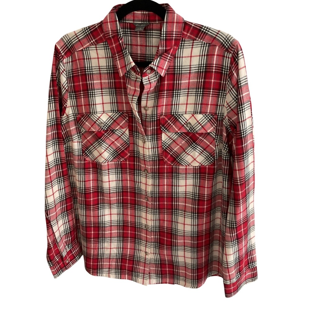 Eddie Bauer Womens‎ Large Red Plaid Flannel Shirt Cotton Tencel Long Sleeve L